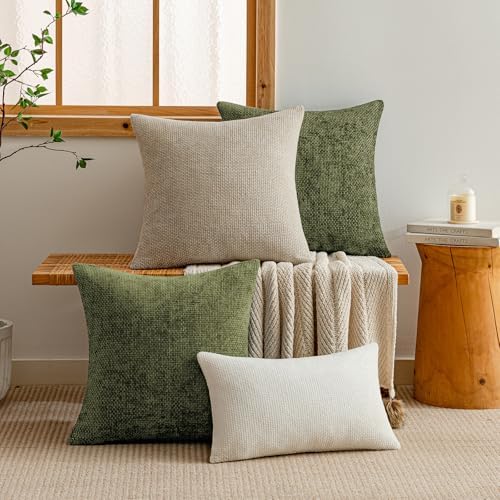 a moment Olive Green Chenille Throw Pillow Covers 22x22 Inch Pack of 2