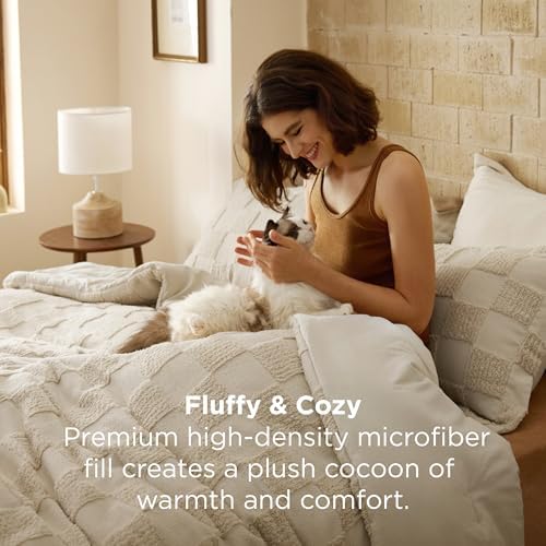 Bedsure King Size Comforter Set Boho, Vintage Plaid Bedding Set Beige