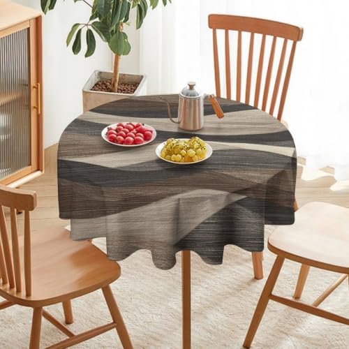 Round Tablecloth Rustic Wave Line, Washable Beige Texture Table Cover