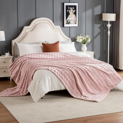 Faux Fur Bed Blankets King Size Pink, Soft Fluffy Bubble Blanket for