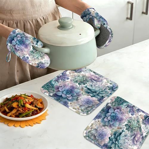 Succulent Botanical Floral Oven Mitts and Pot Holders Sets of 4, Heat