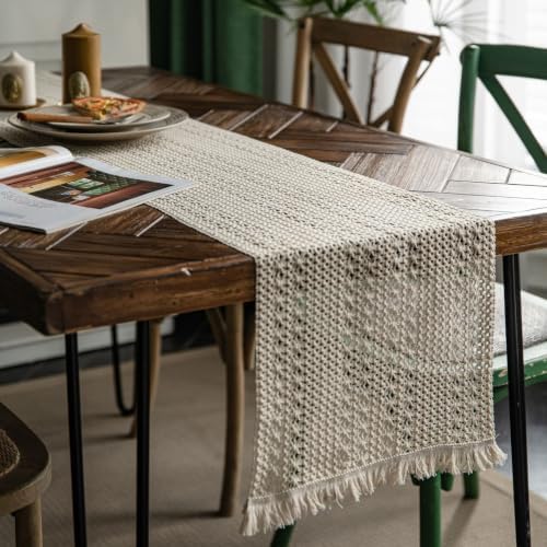 Table Runner Farmhouse Rustic 108 Inches, Hollow Woven Tassels
