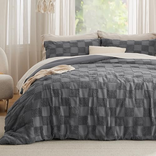 Bedsure Dark Grey Comforters Queen Set, Boho Soft Plaid Bedding Set