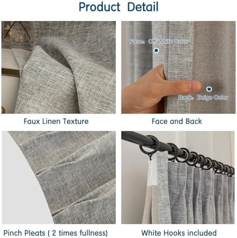 LETAU Pinch Pleated Linen Texture Grey Curtains 108 inches Long, 100%