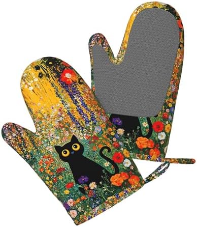 Cat Silicone Oven Mitts and Pot Holders Set Kitchen Gloves Potholders