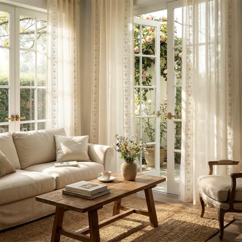 jinchan Floral Linen Curtains, Back Tab 54x96 Inch, 2 Panels Ivory