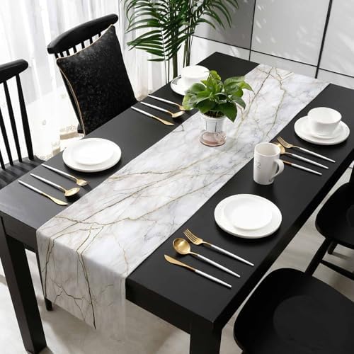 Marble Table Runner-Cotton Linen-Long 120 inche White Gray Gold