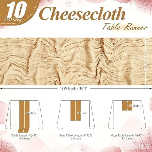 10 Pack Beige Cheesecloth Table Runner 17"x108" Boho Gauze Fabric