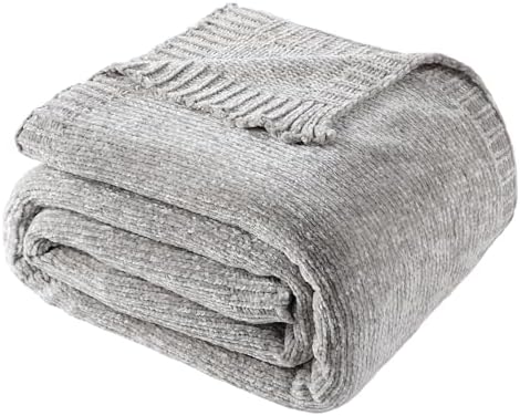 Chenille Throw Blanket for Couch Sofa, Light Grey Throw Blanket
