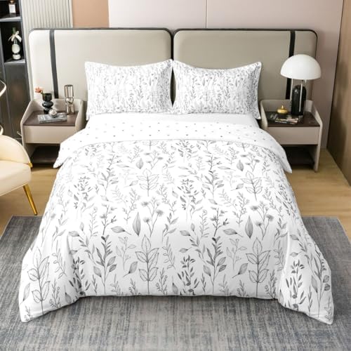 Feelyou White Grey Flower Duvet Cover 100% Cotton Queen Size Boys