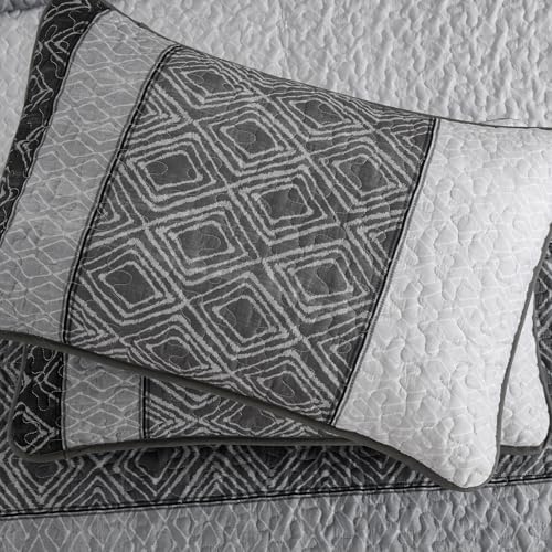 Cottolester Full Size Quilt,3 Pcs Black White Grey Striped Bedspread