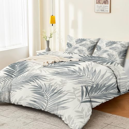 Gray Beige Duvet Cover King - Modern Decorative Plant Palm Leaf