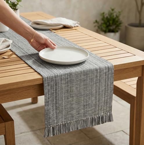 PurpleEssences Chambray Table Runner with Fringes - Mineral Gray &