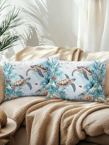 12x20 Outdoor Pillows Set of 2, Teal Coastal Turtle Waterproof Throw