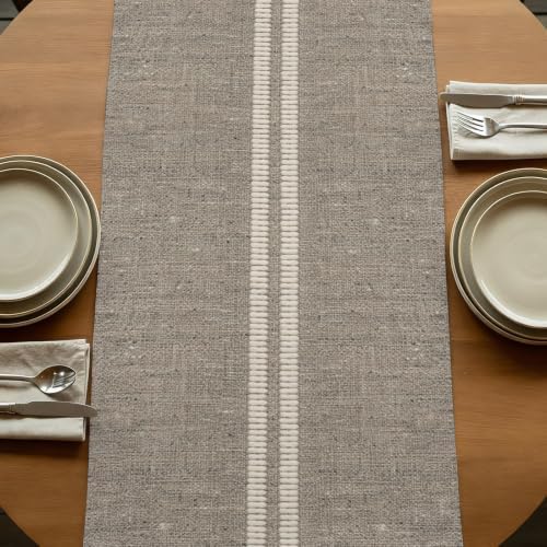 Cream Grain Line Table Runner 13 x 120 Inch Soft Taupe Woven Canvas