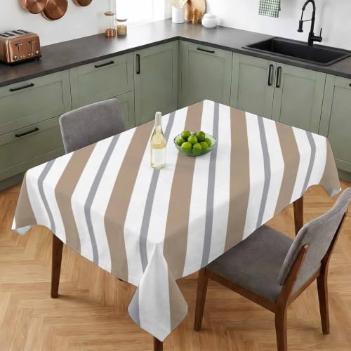 Beige Grey Stripe Waterproof Tablecloth Rectangle Washable Table