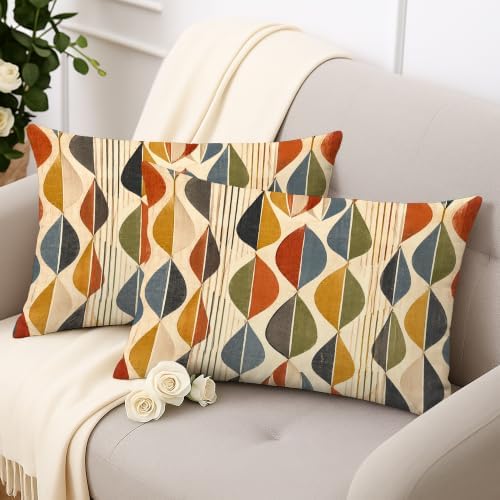 Mid-Century Geometric Leaf Print Throw Pillow Covers 12x20 Set of 2