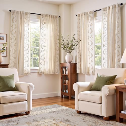 jinchan Floral Linen Curtains 63 Inch Farmhouse Back Tab 2 Panels