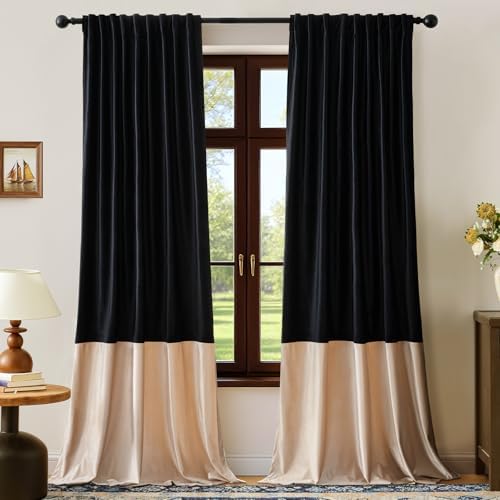 Luxury Black Beige Velvet Blackout Curtains 120 inches for Living Room