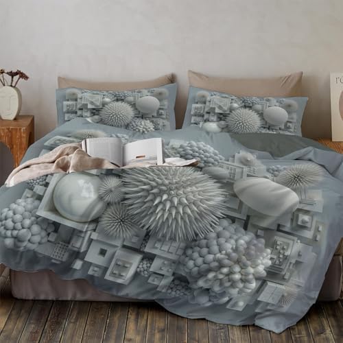 3D Modern Geometric Duvet Cover Set Queen, Gray 3 Pieces Bedding Sets