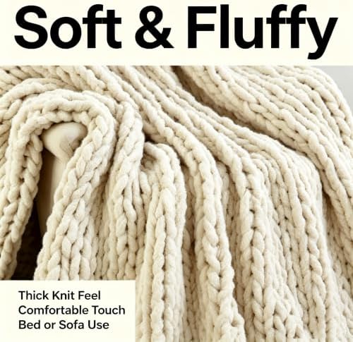 Chunky Knit Throw Blanket, Cream Hand Knitted Thick Yarn Blanket, Soft