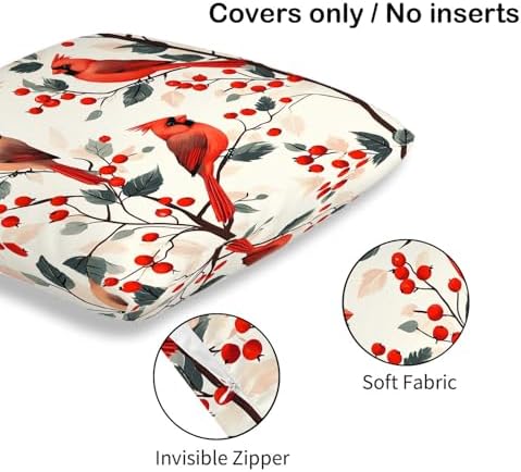 Red Cardinal Throw Pillow Covers 18x18 Set of 2 | Bird Berry Branch