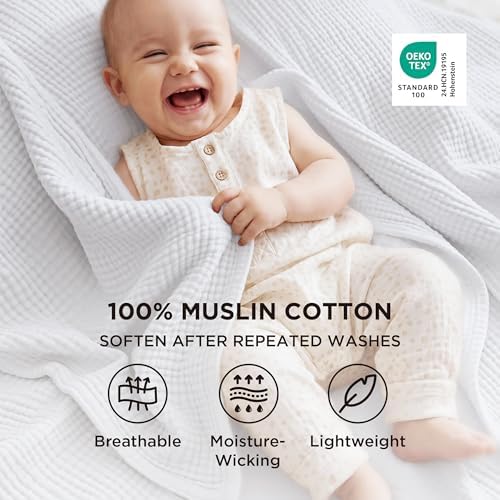 Bedsure 100% Cotton Muslin Blanket Queen Size for Bed, 4-Layer, White