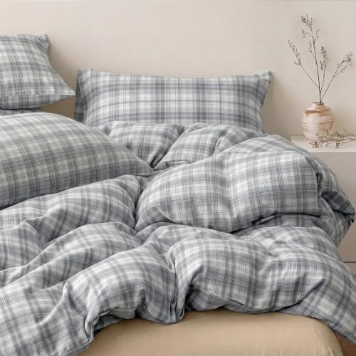 Plaid Duvet Cover Set Queen Size, 100% Cotton Duvet Cover Set, Gray