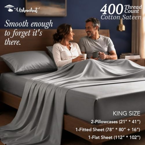 URBANHUT 100% Cotton Sheets King Size, 400 Thread Count -4Pc Sheet Set