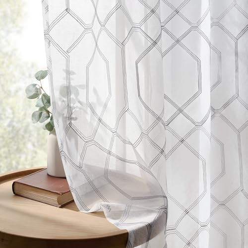 Grey and White Geometric Sheer Curtains 96 Inches Long Gray