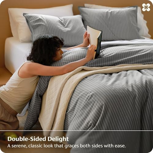 Bedsure PureWoven Striped Duvet Cover Set Linen‐Like, King Size, 3-PC