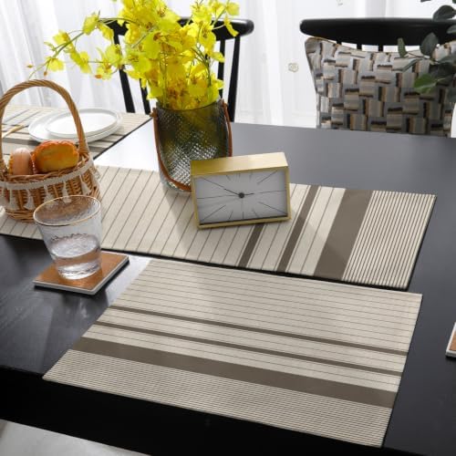 Brown Beige Striped Table Mats Set of 6 with Table Runner 90 Inches