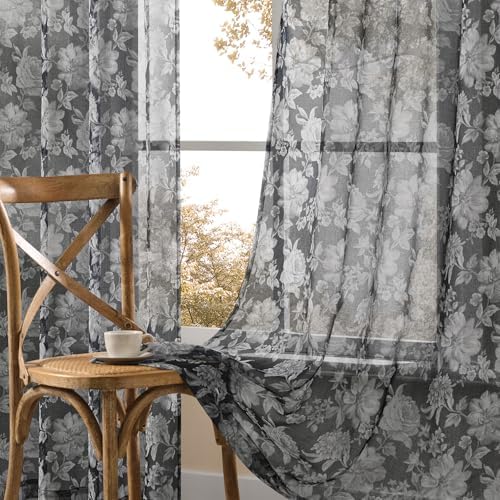 Black Sheer Floral Curtains 72 Inch Length 2 Panels for Bedroom Modern