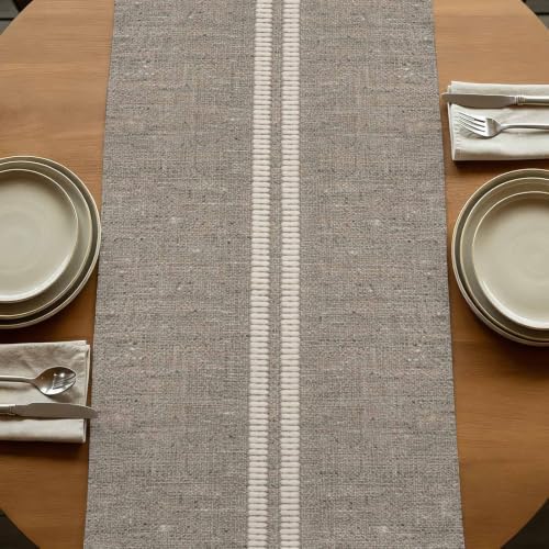 Cream Grain Line Table Runner 120 inches Long Soft Taupe Woven Canvas