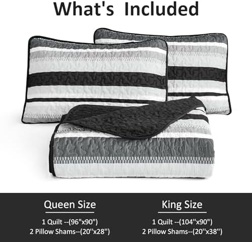 WONGS BEDDING Striped Quilts King Size Set, Black Lightweight