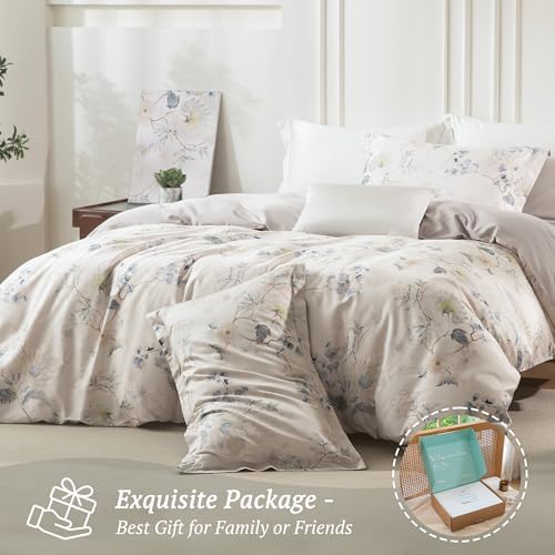 MILDLY Greige Floral Duvet Cover Set 3pcs Elegant for All Season Queen