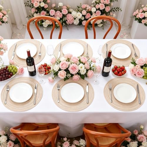 8 Pack 14 Inch Round Beige Charger Placemats Bohemian Braided Table