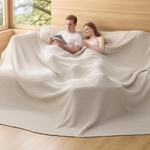 Bedsure Lightweight 100% Cotton Waffle Blanket, Oversized King, Linen