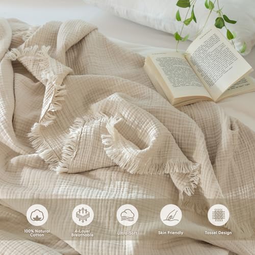 MooMee 100% Cotton Muslin Blanket Fringed 4-Layer Gauze Bed Throw