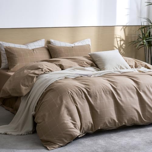 JELLYMONI 100% Cotton Plaid Queen Duvet Cover Set, Tan