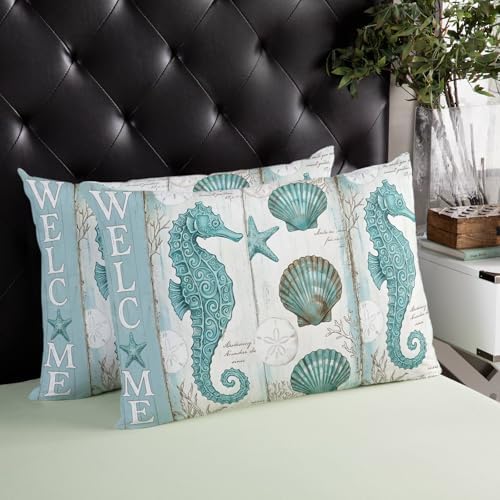 Outdoor Pillow Covers with Inserts,Teal Seahorse Waterproof Decorative