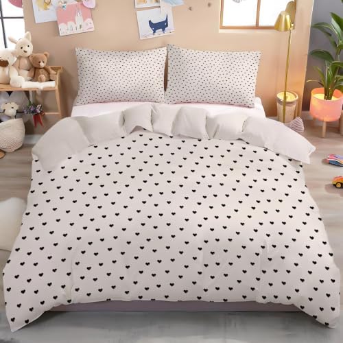 Beige Simple Black Heart Duvet Cover Set for Women Girls 3 Pcs Cute