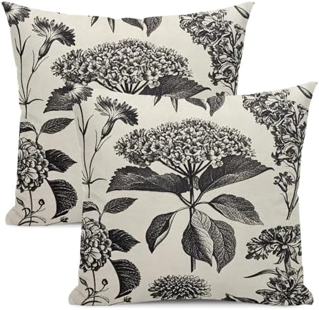 Floral Pillow Covers 20x20 Set of 2 Vintage Black Hydrangea Herbs