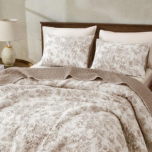 Wonderful - Taupe Floral Quilt King Size, 3-Piece Breathable Cotton