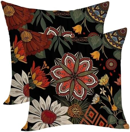 Boho Pillow Covers 18x18 Pack of 2 Black Red Floral Throw Pillow Cover