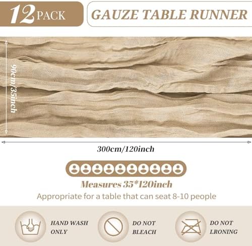 YMHPRIDE 12 Pack Beige Table Runners 35x120in Cheesecloth Table Runner