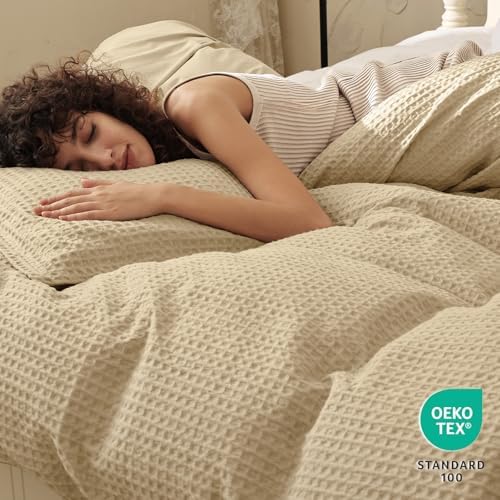 PHF Waffle Duvet Cover Queen, Ultra Soft & Breathable, 90"x90", Khaki