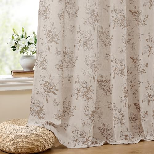 Vintage Linen Curtains with Silver Thread Brown Floral, 52x95 Inch 2