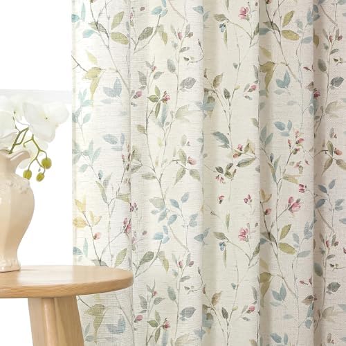 OWENIE Cream Light Filtering Floral Curtains 84 Inches Long 2 Panels
