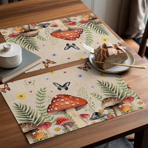 Placemats Set of 8, Spring Mushrooms Woven Placemat, Linen Place Mats